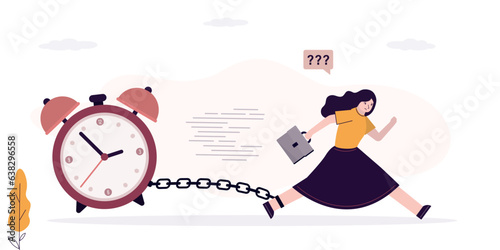 Businesswoman runs with deadline clock attached by chain to leg. Failure of tasks, not execution. Unhappy female employee. Time management and deadline concept.