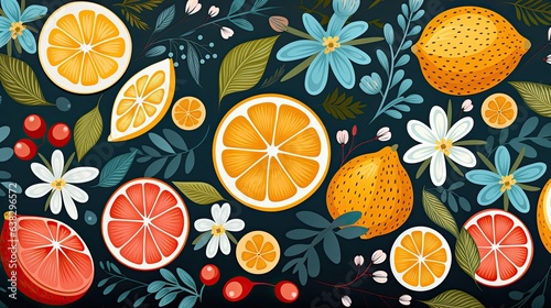 Colorfull fruit and leaves pattern background. © Xabrina