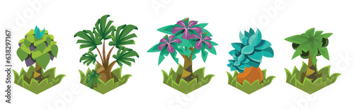 Fantasy Plant and Flower Growing in Ground Isometric Vector Set