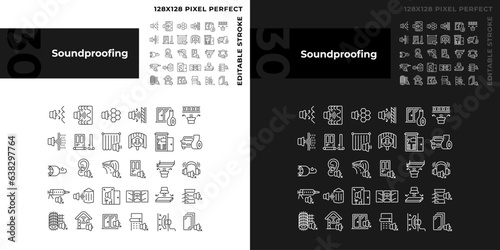 Pixel perfect light and dark mode icons collection representing soundproofing, editable thin line illustration.