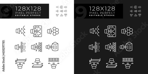 2D pixel perfect light and dark mode icons set representing soundproofing, editable thin line illustration.