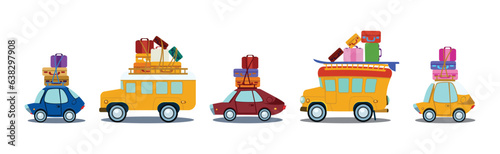 Car and Vehicle Travel with Load of Trunk and Suitcase on Top Vector Set