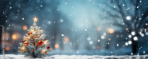 Winter Christmas Backdrop Decoration Holiday Snow Christmas Tree With Blurred Background and Glittering Bokeh New Year Winter Design © Komkit