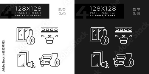Pixel perfect light and dark mode icons set representing soundproofing, editable thin line illustration.