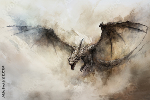 Dragon in watercolor style. Digital art painting. Fantasy illustration. Created with generative AI technology. © el-bee