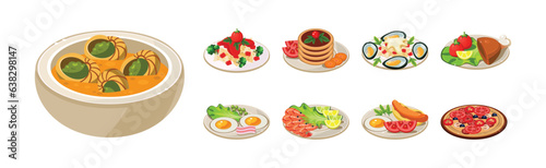 Different Food and Dish Served on Plate Isometric Vector Set