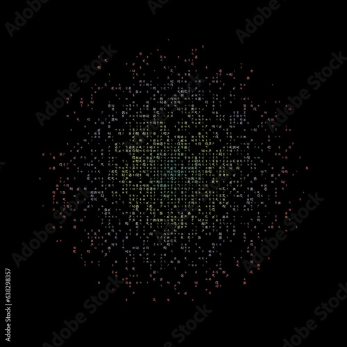 Amazing matrix background in yellow, purple, red, green colors. Grid of random Tibetan symbols. Powerful circular vector illustration.