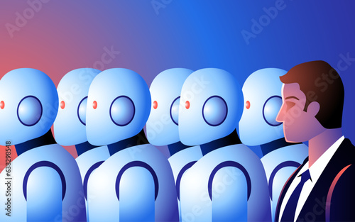 Businessman in a crowd of robots. Symbolises the threat of artificial intelligence and technological advances in modern business and industries