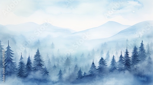 watercolour blue white landscape of foggy forest