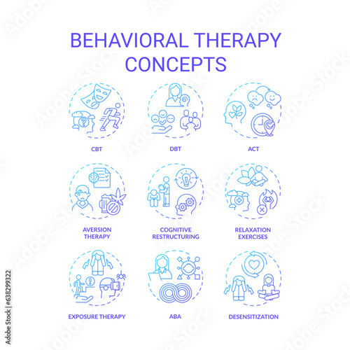 2D gradient icons set representing behavioral therapy concepts, isolated vector, thin line blue illustration.