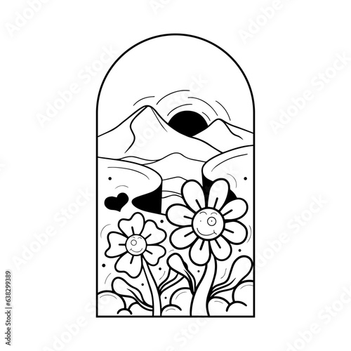 adventure logo badge emblem. line art vector symbol illustration design, landscape symbol. mountain, flower and nature
