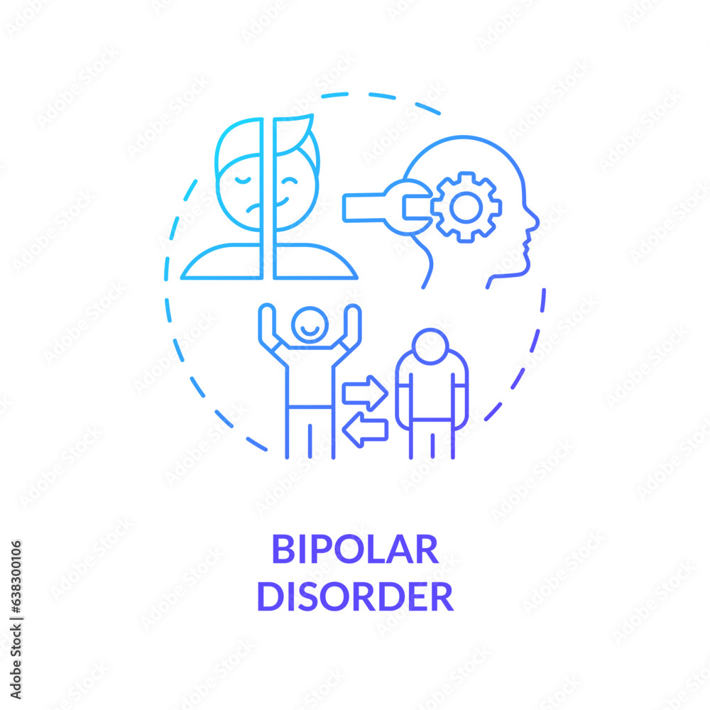 2D gradient bipolar disorder blue thin line icon concept, isolated vector, illustration representing behavioral therapy. 2D gradient bipolar disorder blue thin line icon concept, isolated vector, illustration representing behavioral therapy.
