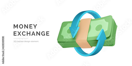 3D money bundle with circle arrows. Currency exchange concept. Service for payment and cashback. Finance management. Vector