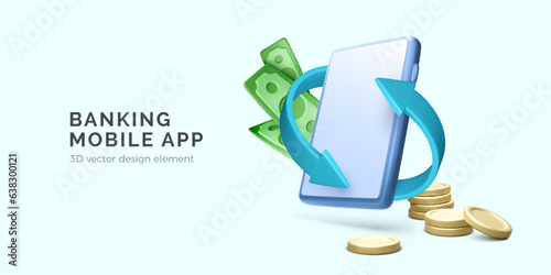 Banking online mobile app. 3D cartoon smartphone with arrows and paper money, gold coins. Cashback service. Money management concept. Vector