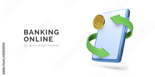 Digital wallet on mobile phone. Banking online app concept. 3D smartphone with arrow and gold coin. Mobile cashback and investment service. Vector