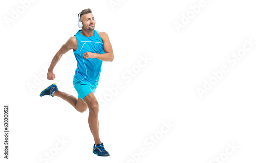 In morning sport workout jogger run in studio, advertisement. The jogger stretched legs before running. sport jogger listen to music in headphones. The jogger ran at sport training isolated on white