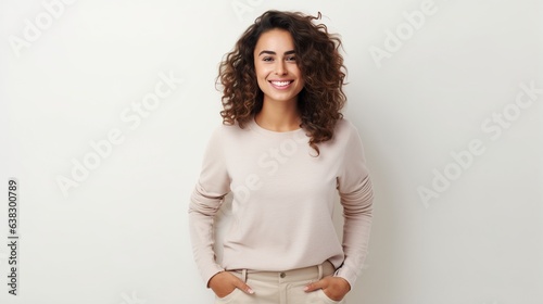 Smiling brunette woman posing in a fashion studio portrait