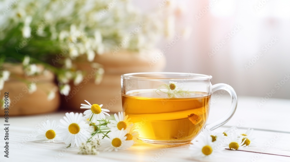 Chamomile herbal tea with flower buds, honey and lemon on a white wooden table and a bouquet of chamomile. Useful herbal, soothing drinks and natural healer concept. Immunity tea.Close up. Copy space. Chamomile herbal tea with flower buds, honey and lemon on a white wooden table and a bouquet of chamomile. Useful herbal, soothing drinks and natural healer concept. Immunity tea.Close up. Copy space.