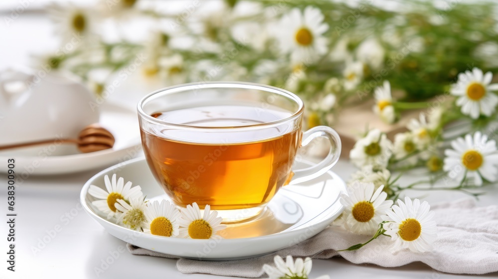 Chamomile herbal tea with flower buds, honey and lemon on a white wooden table and a bouquet of chamomile. Useful herbal, soothing drinks and natural healer concept. Immunity tea.Close up. Copy space. Chamomile herbal tea with flower buds, honey and lemon on a white wooden table and a bouquet of chamomile. Useful herbal, soothing drinks and natural healer concept. Immunity tea.Close up. Copy space.