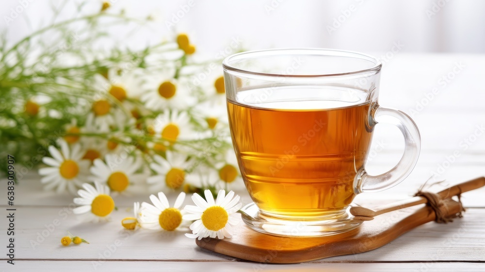 Chamomile herbal tea with flower buds, honey and lemon on a white wooden table and a bouquet of chamomile. Useful herbal, soothing drinks and natural healer concept. Immunity tea.Close up. Copy space. Chamomile herbal tea with flower buds, honey and lemon on a white wooden table and a bouquet of chamomile. Useful herbal, soothing drinks and natural healer concept. Immunity tea.Close up. Copy space.