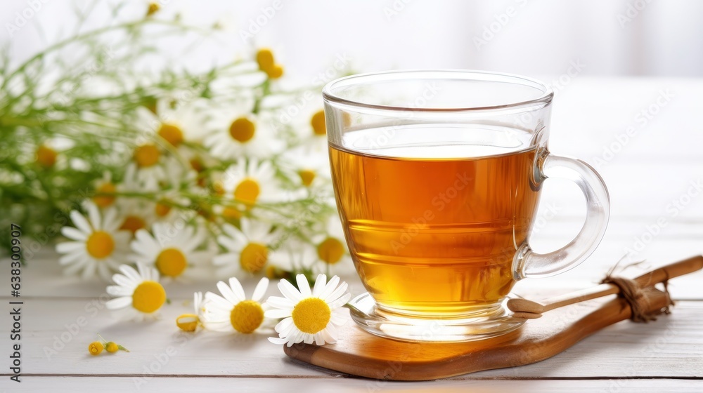 Chamomile herbal tea with flower buds, honey and lemon on a white wooden table and a bouquet of chamomile. Useful herbal, soothing drinks and natural healer concept. Immunity tea.Close up. Copy space.