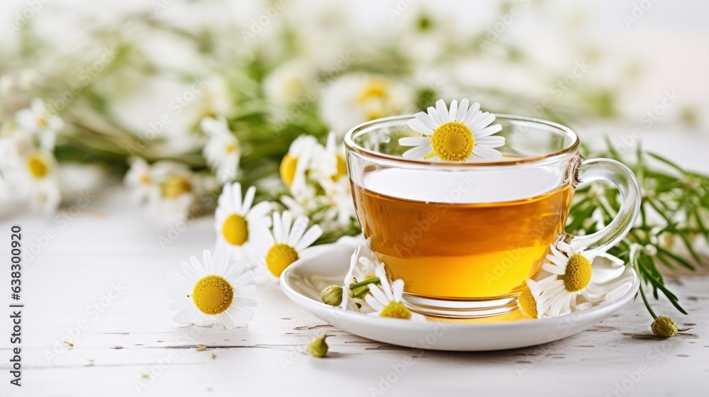 Chamomile herbal tea with flower buds, honey and lemon on a white wooden table and a bouquet of chamomile. Useful herbal, soothing drinks and natural healer concept. Immunity tea.Close up. Copy space. Chamomile herbal tea with flower buds, honey and lemon on a white wooden table and a bouquet of chamomile. Useful herbal, soothing drinks and natural healer concept. Immunity tea.Close up. Copy space.