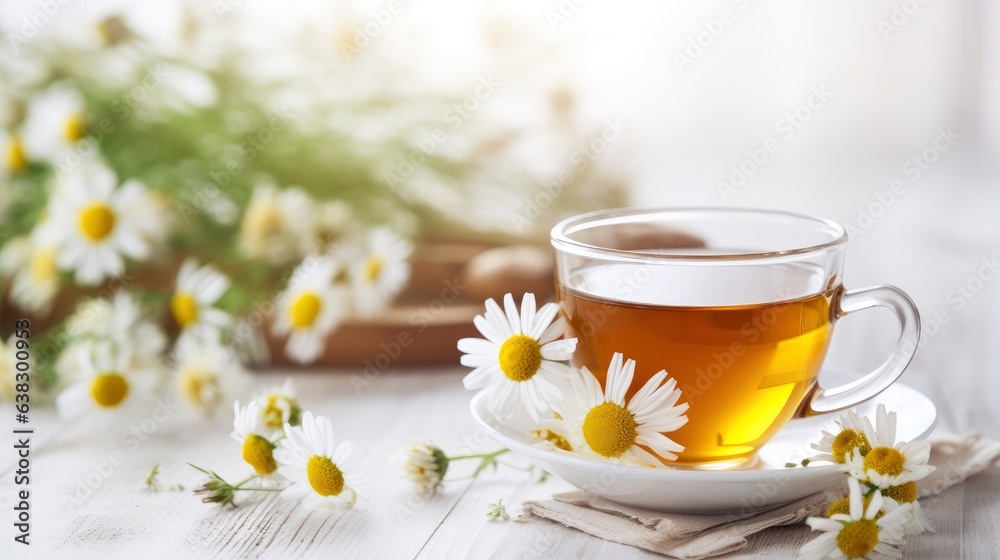 Chamomile herbal tea with flower buds, honey and lemon on a white wooden table and a bouquet of chamomile. Useful herbal, soothing drinks and natural healer concept. Immunity tea.Close up. Copy space. - obrazy, fototapety, plakaty 