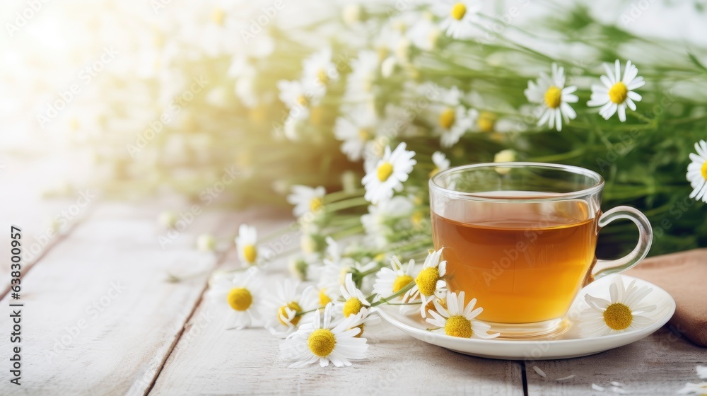 Herbal tea featuring chamomile blossoms with honey, lemon, and honey on a white wooden table with a bouquet of chamomile flowers. Useful herbal, soothing drinks and natural healer concept. Copy space. - obrazy, fototapety, plakaty 
