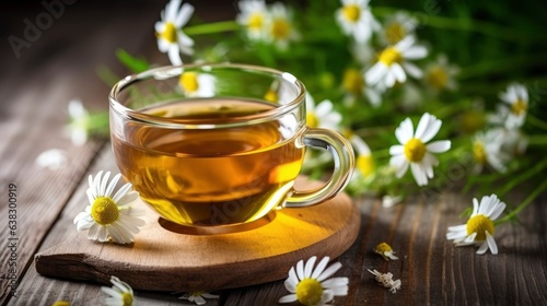 Chamomile herbal tea with flower buds, honey and lemon on a white wooden table and a bouquet of chamomile. Useful herbal, soothing drinks and natural healer concept. Immunity tea.Close up. Copy space.