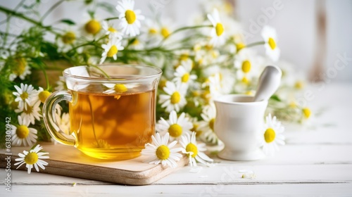Chamomile herbal tea with flower buds, honey and lemon on a white wooden table and a bouquet of chamomile. Useful herbal, soothing drinks and natural healer concept. Immunity tea.Close up. Copy space.