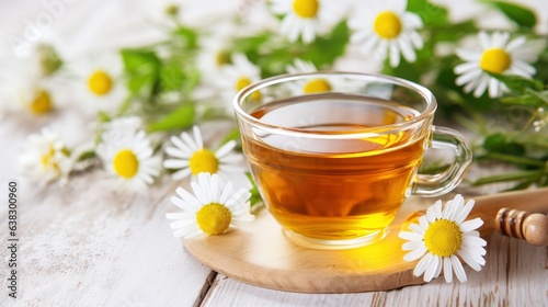 Herbal tea featuring chamomile blossoms with honey, lemon, and honey on a white wooden table with a bouquet of chamomile flowers. Useful herbal, soothing drinks and natural healer concept. Copy space.