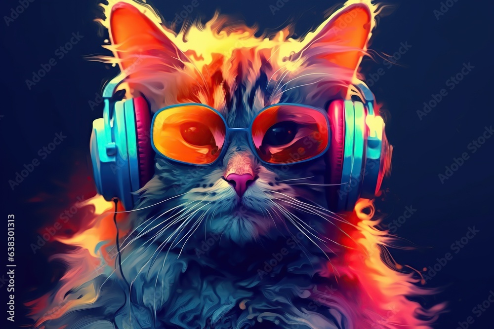 cool hipster cat Stylish hat and vintage round sunglasses listening to music on colorful background wireless headphones. creative concept animal style