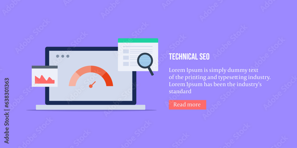 Fototapeta premium Technical SEO strategy, page loading speed test, keyword content optimization, data analytics and improve user experience, search engine ranking development concept, vector illustration.