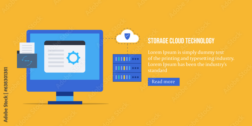 Cloud computing online storage server web hosting data transfer and sync, digital cloud security technology for online business and financial services, vector illustration banner. Cloud computing online storage server web hosting data transfer and sync, digital cloud security technology for online business and financial services, vector illustration banner.