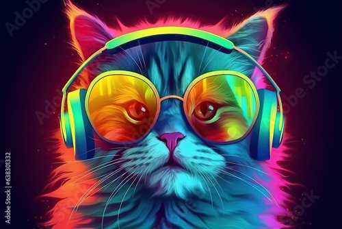 cool hipster cat Stylish hat and vintage round sunglasses listening to music on colorful background wireless headphones. creative concept animal style