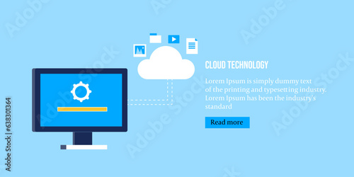 Cloud technology transferring data secure online storage, system update , software version installation digital connection communication network, vector illustration.