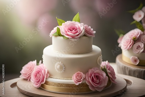 wedding cake with pink roses  generated ai