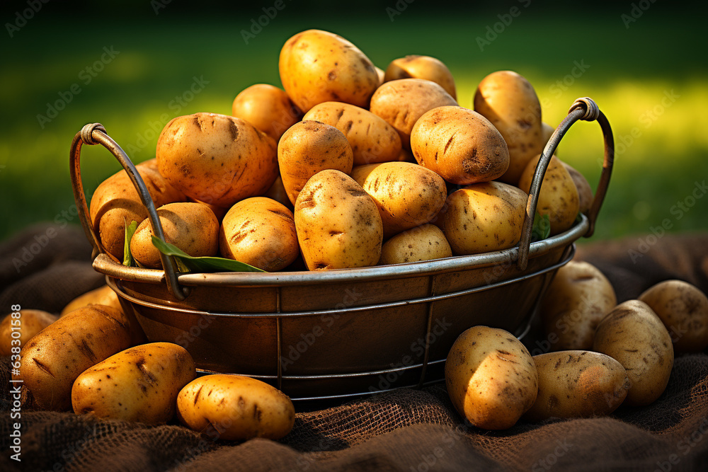 Basket of Potatoes in farm.Healthy and vegan concept.Created with Generative AI technology.