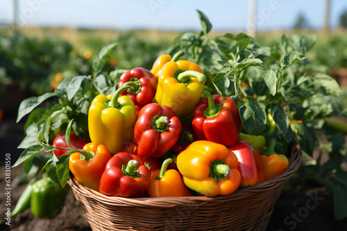 Basket of Bell Peppers on farm.Healthy and vegan concept.Created with Generative AI technology.