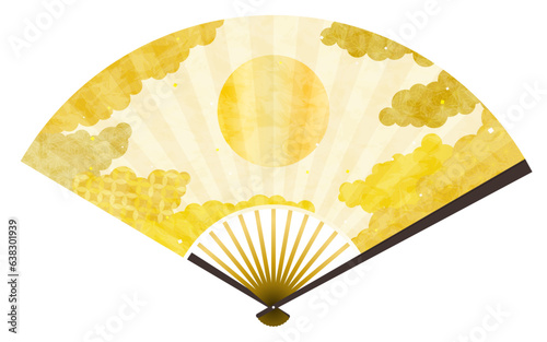 金色の日の丸扇子、和柄背景雲海の和風素材
