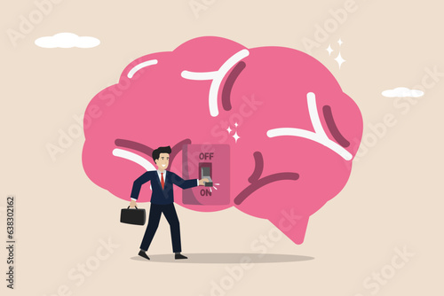 Turn on the brain to think, creativity or concentration, smart or emotional thinking, knowledge concept, smart businessman turn on his own brain to think.