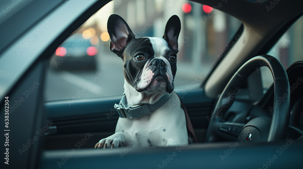 Cute dog sit in the car on the front seat