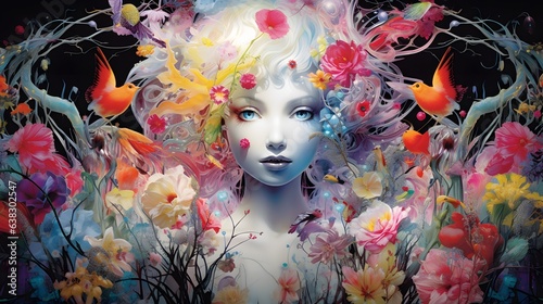 Abstract contemporary art portrait of young woman with flowers on face and background
