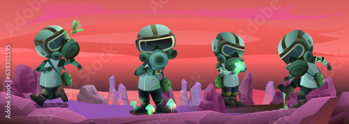 Characters in spacesuits and gas masks on alien planet. Study flora and fauna. Fantasy landscape. Funny cartoon style. Vector