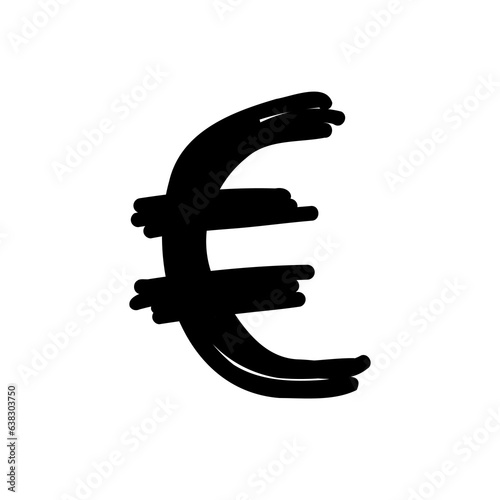 Symbol euro EUR currency brush stroke in doodle brush hand drawn style isolated on white background. For abc, education, logo, branding, font, alphabet, signboard, lettering, presentation.