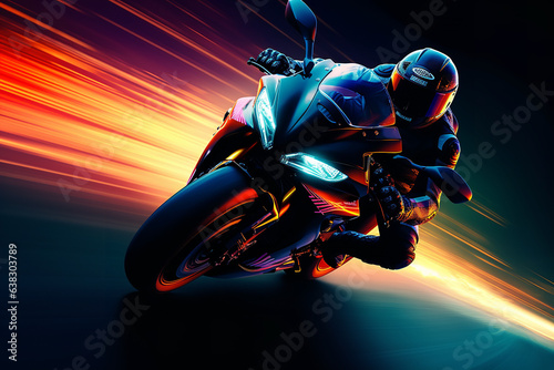 Man on a motorbike at high speed leaning in the curve. Racing sport. Silhouette on road on a moto competing for championship. Circuit track Background poster