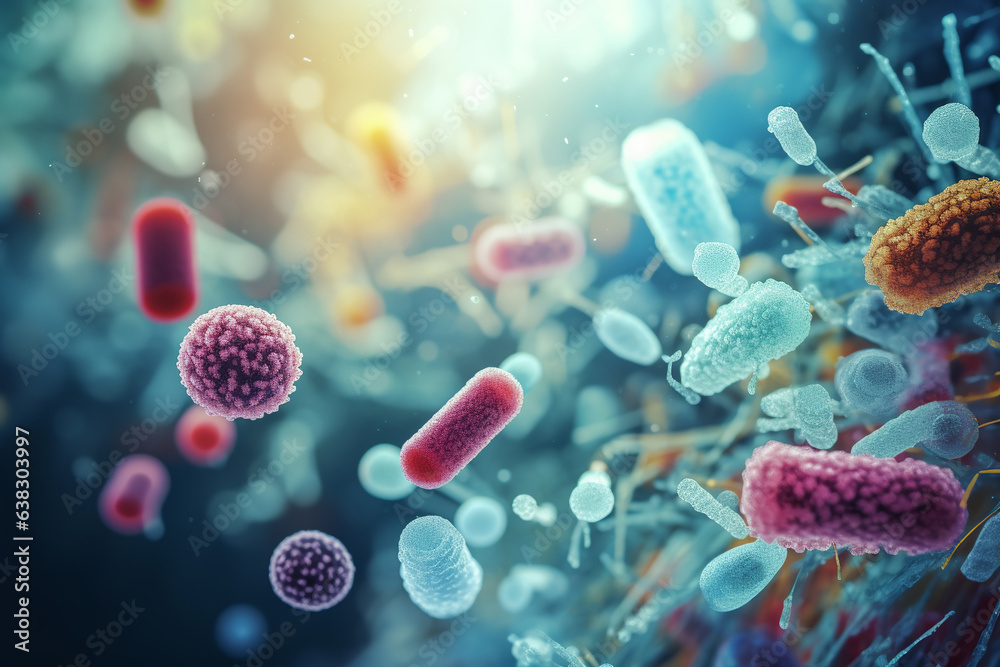 image of bacteria under a microscope, widescreen format image of bacteria under a microscope, widescreen format