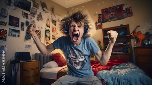 Rebellious teen screaming with fists pumped in bedroom