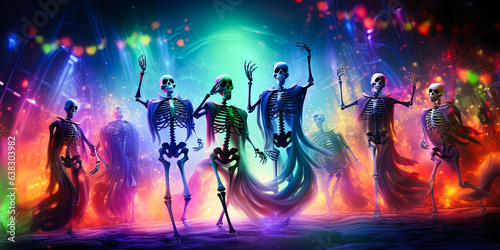 illustration of skeletons which dancing on Halloween disco party