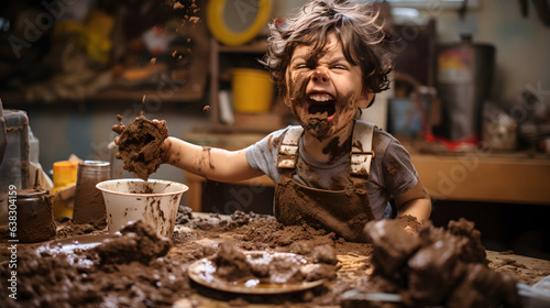 A brat toddler getting up to mischief, getting dirty, and making a delightful mess with chocolate in the kitchen photo